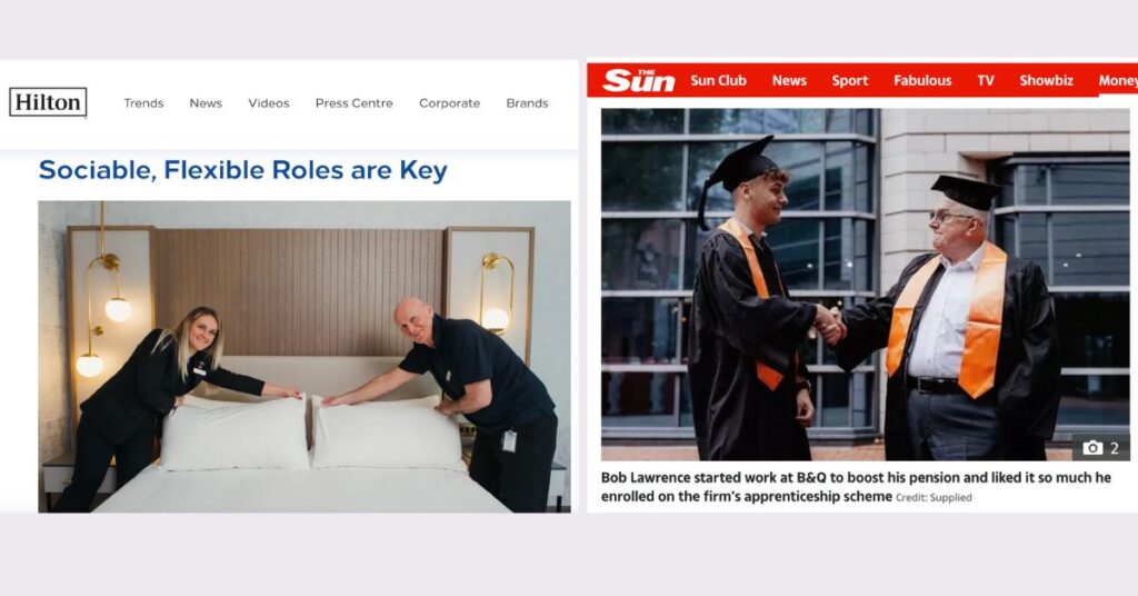 ageless-recruitment-50plus-generation-back-to-work-inclusion recruitment of all ages, hilton story anbout recruiting 50plus workers and print screen from The Sun with the article on Bob Lawrence starting to work at B&Q as apprenticeship