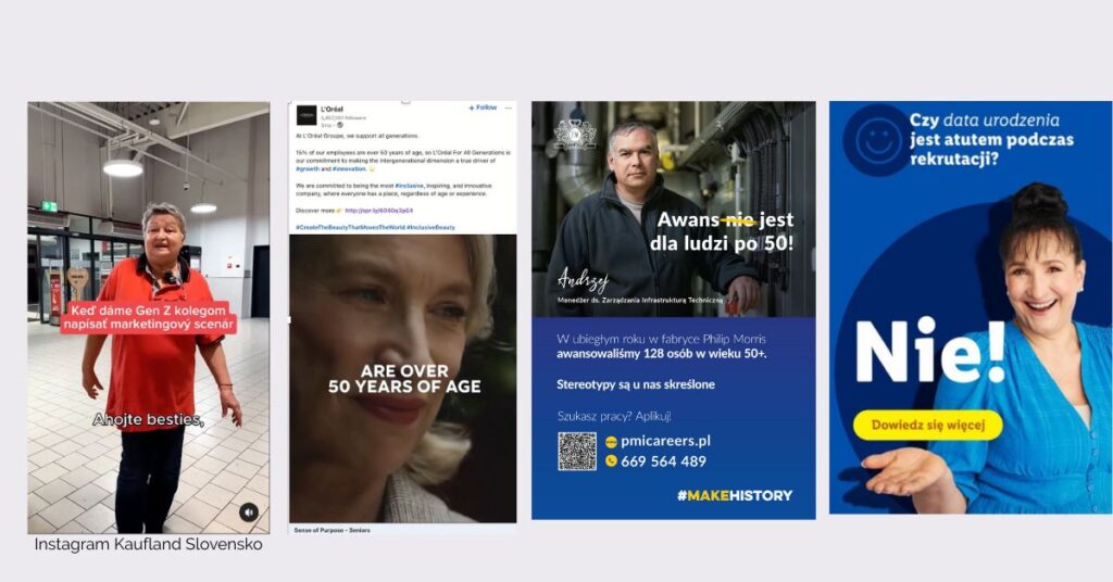 pokolenia-a-employer-branding-50plus-social-media różne pokolenia w employer brandingu dobre przykłady komunikavja pracodawców pokazująca praconików 50 plus Lidl Kaufland Loreal PMI