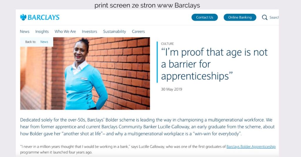 pokolenia-rekrutacja-blog-paulina-mazur print screen strony internetowej Barcleys Banku w UK z wpisem o osobach powyżej 50 roku życia która dołączyły do firmy w ramach praktyk